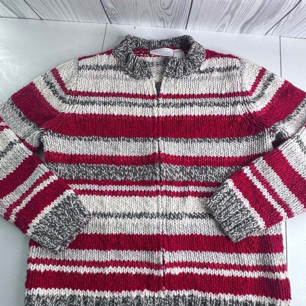 Vintage 90s Liz Claiborne Red Gray Striped Cardigan Sweater Petite Small
